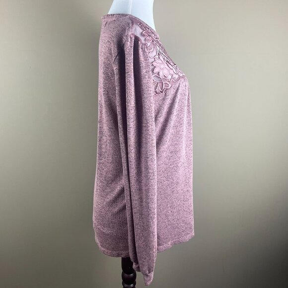 Maurices Long Sleeve Fine Knit Top Size L Pink Black Heathered Print Floral Lace - Picture 4 of 9